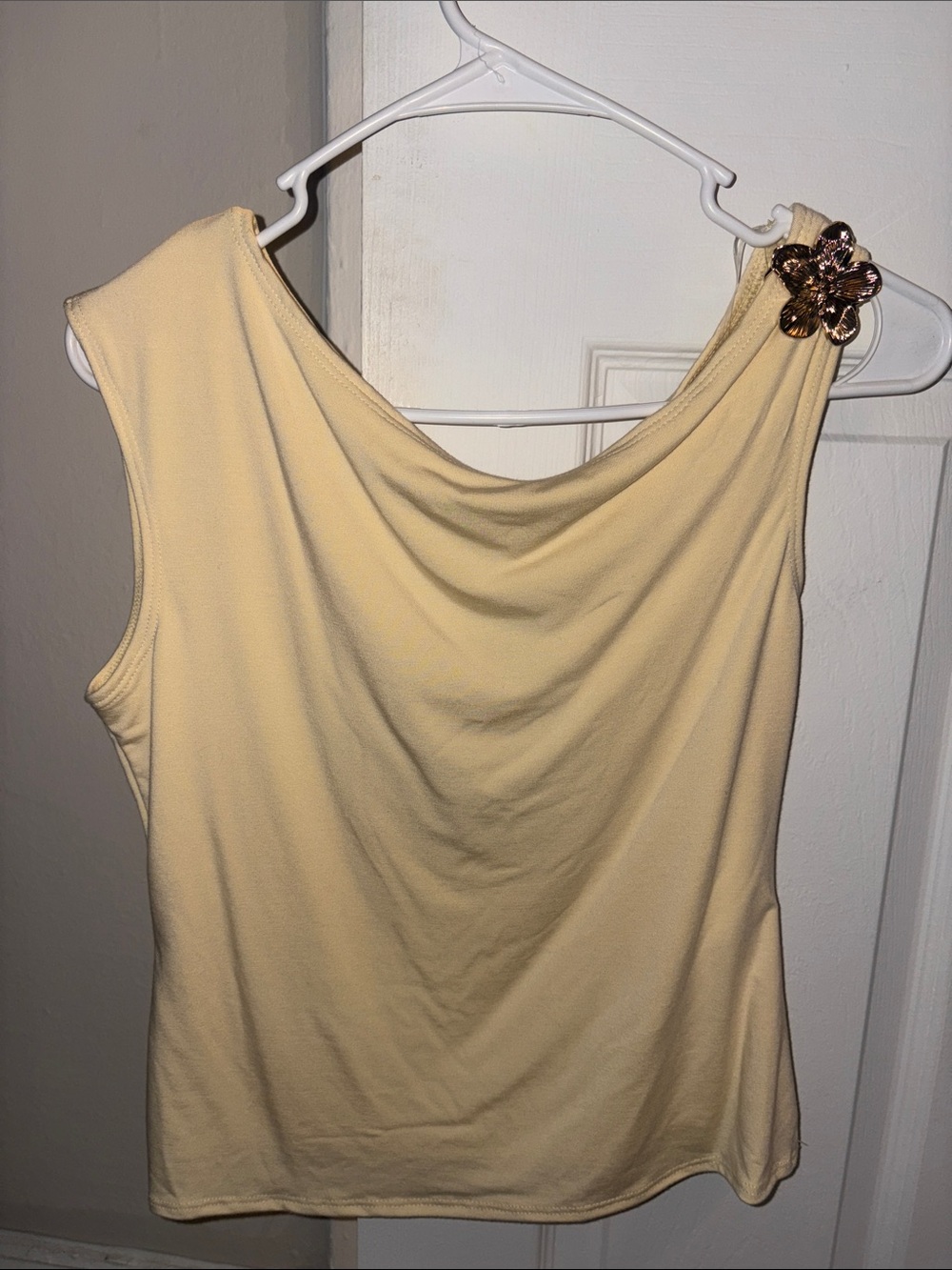 Sleeveless Cream Draped Neck Tank with Decorative Brooch